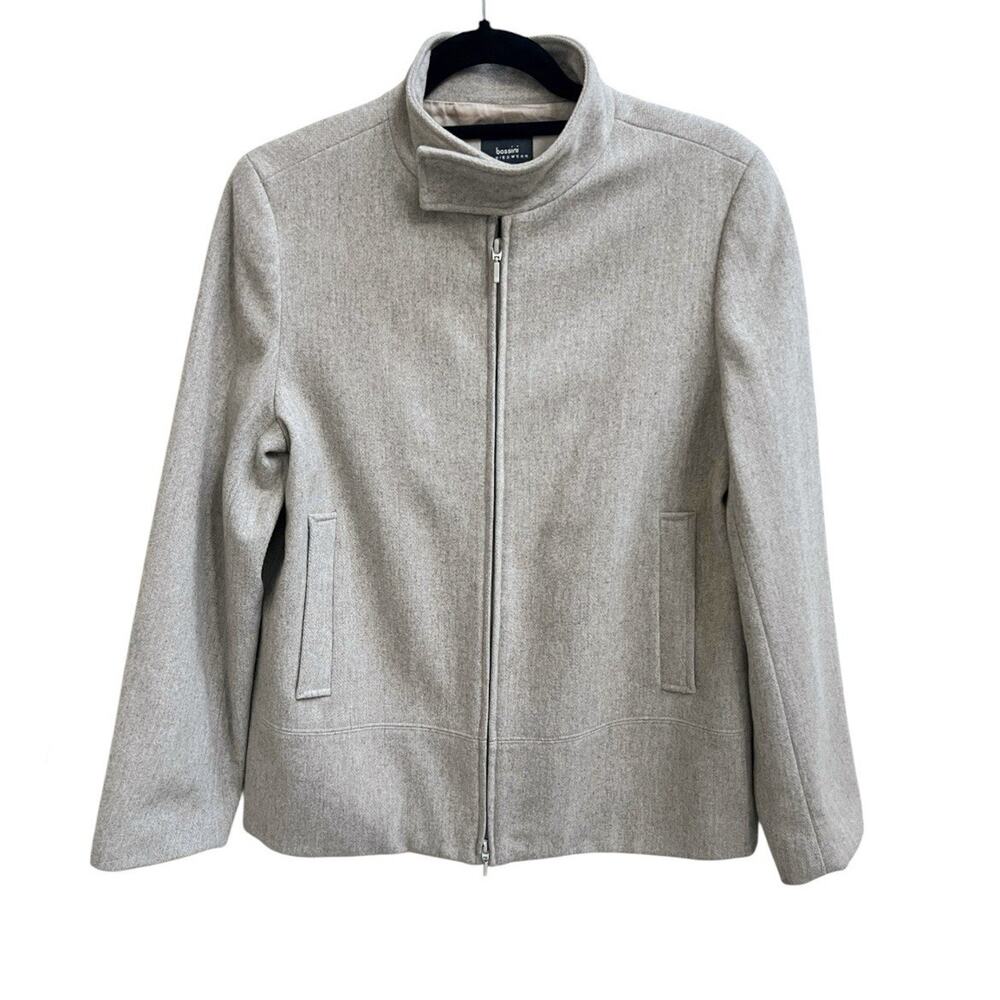 Bossini Women’s Oatmeal Wool Blend Suit Jacket Blazer Sz 9 Full Zip High Neck